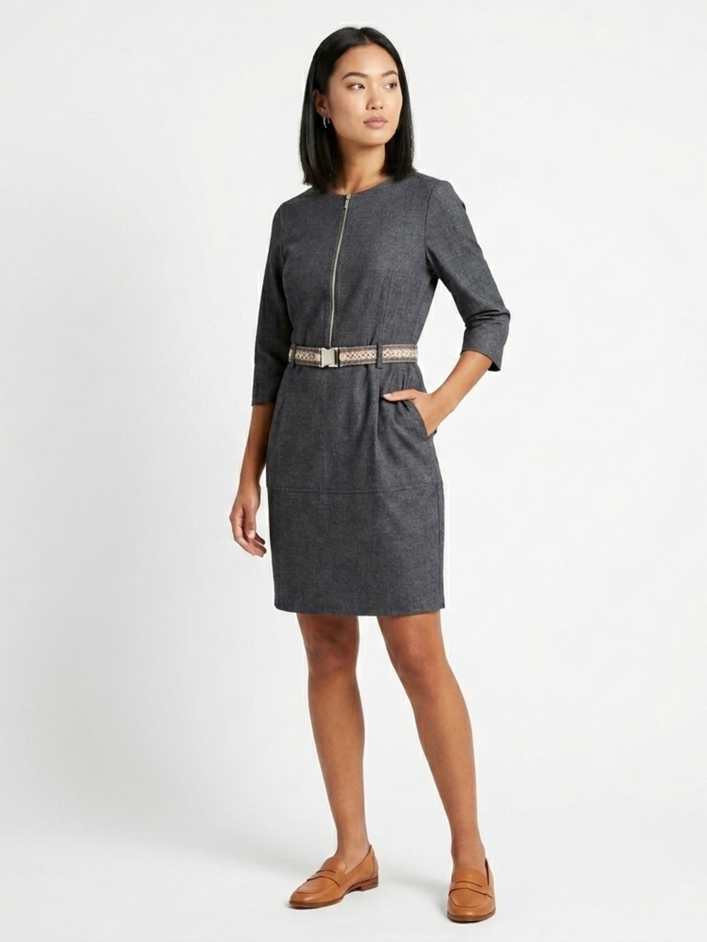 INDIES Zip Front Shift Dress Belted Stretch Blend Heather Grey Size 44 US 12